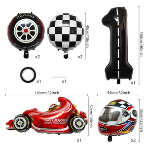 Raceauto aluminium folie ballon set met banden en geblokte vlaggen voor verjaardagsfeest