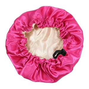 Kids adjustable double-layered satin bonnet in rose red and champagne with black buckle
