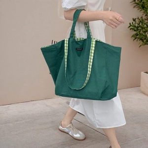 Women Canvas Tote Bag Reversible Double Sided Large Capacity Checkerboard Plaid Pattern Minimalist Casual Shoulder Bag