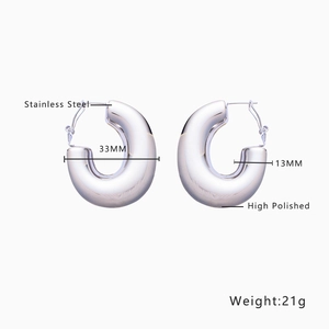 Polished 33mm stainless steel C-shape chunky hoop earrings with 13mm width and 21g weight