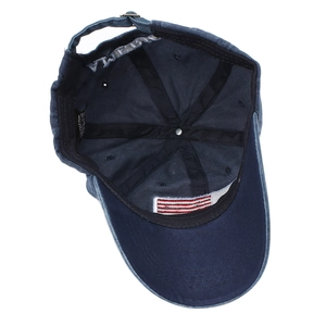 Navy blue distressed cotton baseball cap with interior American flag patch detail