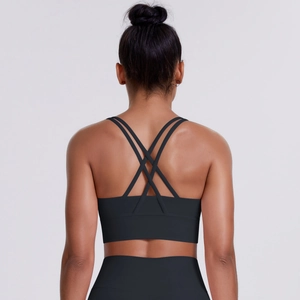 Detailed back view of black sports bra featuring a criss-cross strap design for fitness