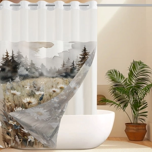 Dettaglio della tenda da doccia a nido d'ape con stampa di foresta e margherite