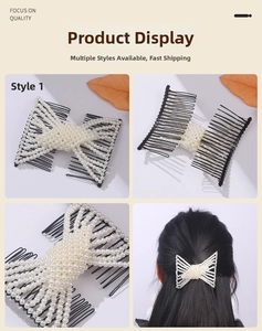 Detail of elegant pearl beaded hair comb with bow design and metal teeth clip