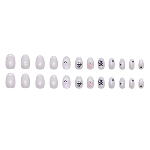 Halloween ghost and star pattern purple press-on nails in oval shape, 24-piece set
