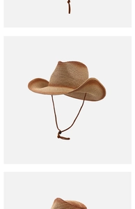 Detail of mixed-color western cowboy straw hat featuring adjustable windproof rope