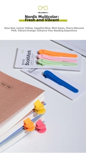 Macro detail of six colorful silicone bookmarks showing flexible clips in multiple vibrant colors