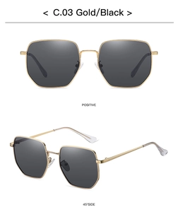 Close-up detail of oversized metal sunglasses with gold frames and black polarized lenses