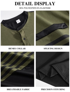 Detail view of contrast stripe V-neck collar and stitching on men's olive green shirt