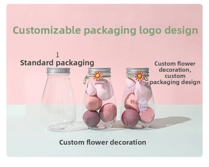 Three transparent cosmetic sponge containers with silver lids in pink and purple colors
