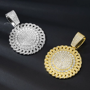 Iced out gold and silver round medallion pendants with Cuban link chain necklace