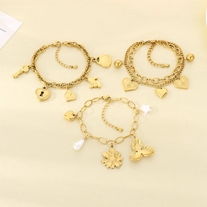 Stainless Steel Charm Bracelet Gold Plated Heart Lock Key Flower Faux Artificial Pearl Adjustable Fashion Jewelry For Women