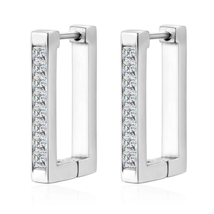 Close-up of silver-tone rectangle hoop earrings featuring princess cut cubic zirconia stones