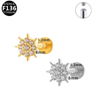 Macro detail of G23 titanium labret studs with internal thread and star zircon