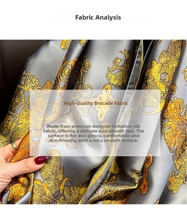 Close-up of golden floral brocade silk scarf fabric with elegant draped texture