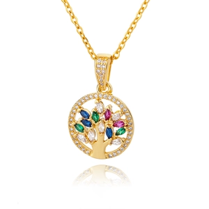 Golden Tree of Life necklace with colorful zircon leaves on a clean white background