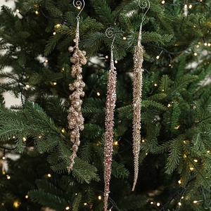 Sparkling Christmas sequin branch pendants in champagne gold and pink for holiday decor