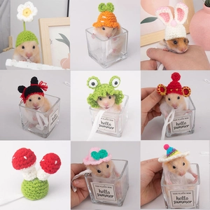 Handmade crochet hamster hats with cute animal designs like frogs and mushrooms