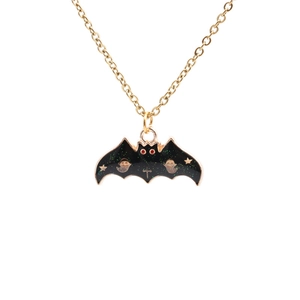 Halloween bat necklace with red eyes and ghost charm on gold chain in white background