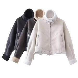 Women Faux Leather Motorcycle Jacket Lamb Wool Lined Short Biker Coat Stand Collar Zipper Decoration Winter Outwear
