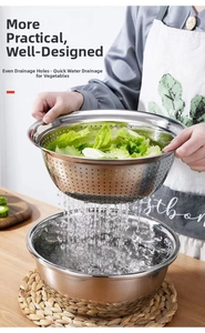 Macro view of stainless steel strainer basket and basin draining fresh lettuce with water