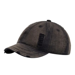 Retro washed charcoal short brim baseball cap with vintage distressed ripped details