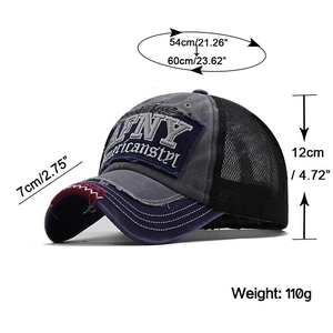Detail view of embroidered NY baseball cap with size specs and breathable mesh