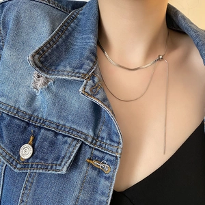 Double-layered silver titanium steel snake chain necklace with elegant geometric tassel pendant