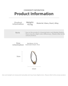 Detailed view of double-layer vintage pearl necklace with golden round pendant and dimensions