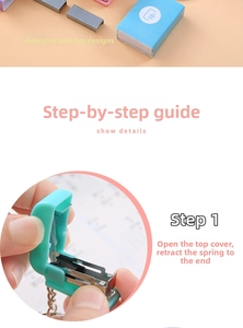 Detail showing the step of opening the lid of a portable mint green mini stapler keychain
