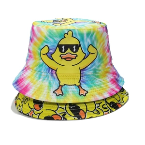 Double-sided sun hat for women featuring tie-dye colors and cute cartoon duck prints