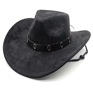 Classic black faux suede cowboy hat with metal decorative band and adjustable chin strap