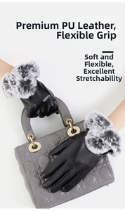 Close-up of flexible black PU leather gloves with leopard faux fur trim on a handbag
