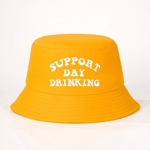 Bright yellow fisherman bucket hat with white Support Day Drinking embroidery