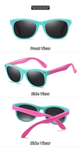 Three-angle view of mint green and pink TR silicone polarized sunglasses for kids