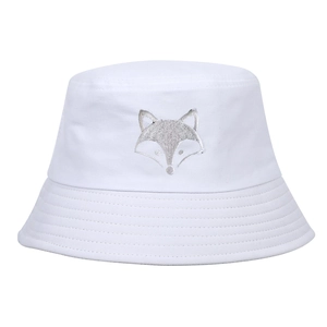 White cotton bucket hat with silver-grey fox head embroidery on a clean white background