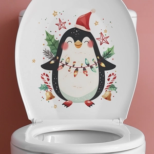 Christmas penguin toilet lid sticker with colorful lights and stars wall decor