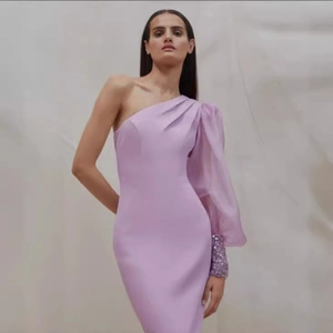 Elegant lavender one-shoulder bodycon dress with sheer sequin lantern sleeve detail