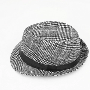 Classic British style fedora hat featuring grey plaid pattern and black ribbon band