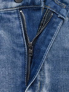 Close-up of metal zipper fly and durable denim fabric on washed blue ripped shorts
