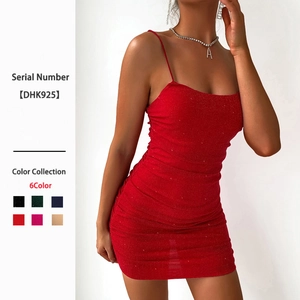 Women Sexy Mini Dress Spaghetti Strap Glitter Ruched Backless Slim Fit Party Clubwear