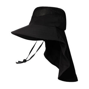 Women's black sun hat with neck flap, wide brim, and breathable mesh for hiking