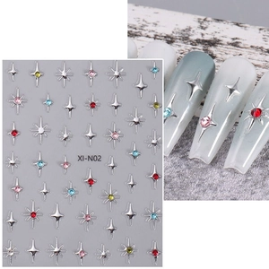 Detail of 3D silver star nail stickers with colorful rhinestones on model nails