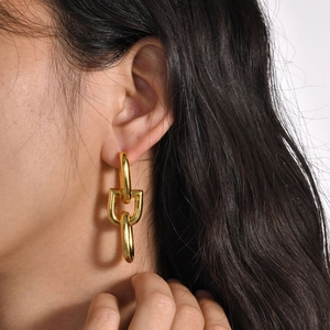 Elegance 18k gold plated triple link chain drop earrings worn by a model