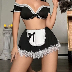 Sexy Maid Cosplay Lingerie Off Shoulder Lace Trim Bow Decor Top Mini Skirt And Choker Sweet Uniform For Women