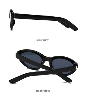 Side and back view of oval marble pattern sunglasses showing sleek frame and temple curve