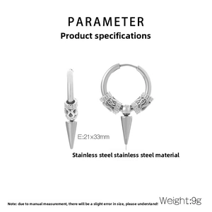 Detailed view of silver stainless steel hoop earrings with spike pendant and vintage beads