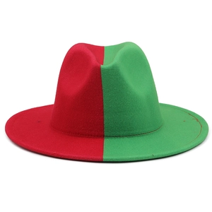 Two-tone red and green wool felt jazz hat with flat brim for autumn fashion