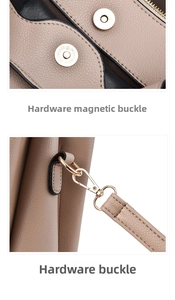 Detailed macro view of gold magnetic closure and metal hook on lychee grain leather bag