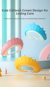 Adjustable baby crown bath visor showing three pastel colors with waterproof ear guards